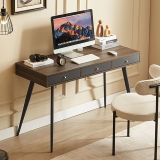 Mid Century Writing Study Desk with 3 Storage Drawers and Walnut Finish ...