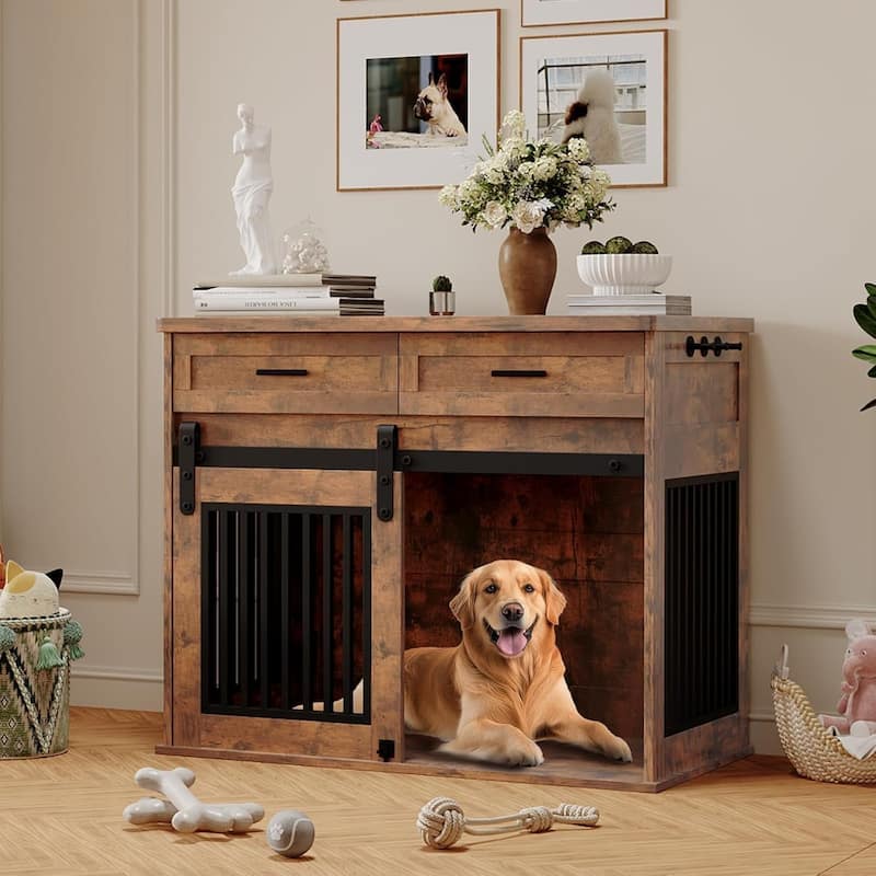 Dog Crate Furniture with Barn Door, Indoor Kennel Table with Storage - N/A