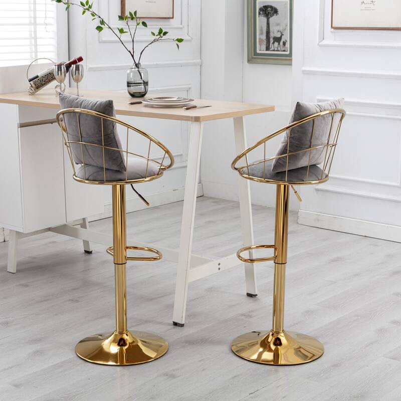 Velvet Swivel Bar Stools Set of 2, Upholstered Kitchen Island Stools with Back and Footrest, Counter Barstools with Pillow