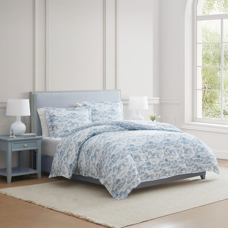 Martha Stewart Farmhouse Toile Cotton Reversible Blue Comforter Set