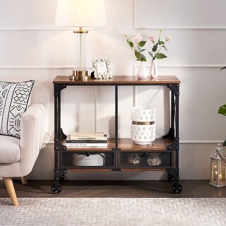 Industrial Console Table with Drawer and Storage Shelf, 4-Foot Wheels, Brown