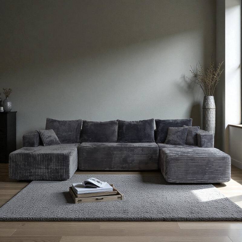 133.86" Cloud Modular U-Shaped Sectional Sofa with Ottoman, Deep-Seat Corded Fabric Couch for Living Room, No Assembly