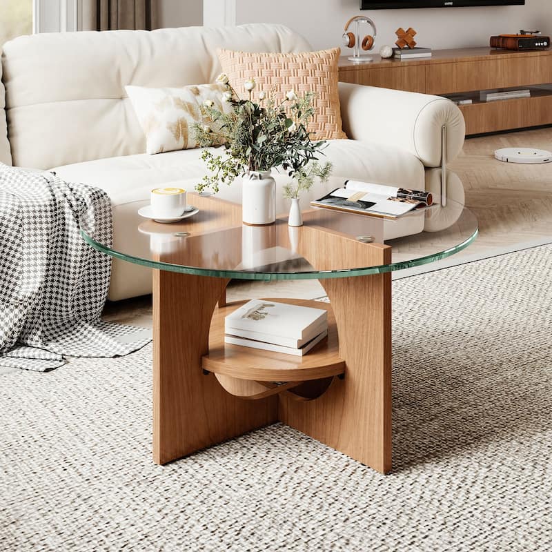 Moasis Round 2-Tier Glass Top Coffee Table