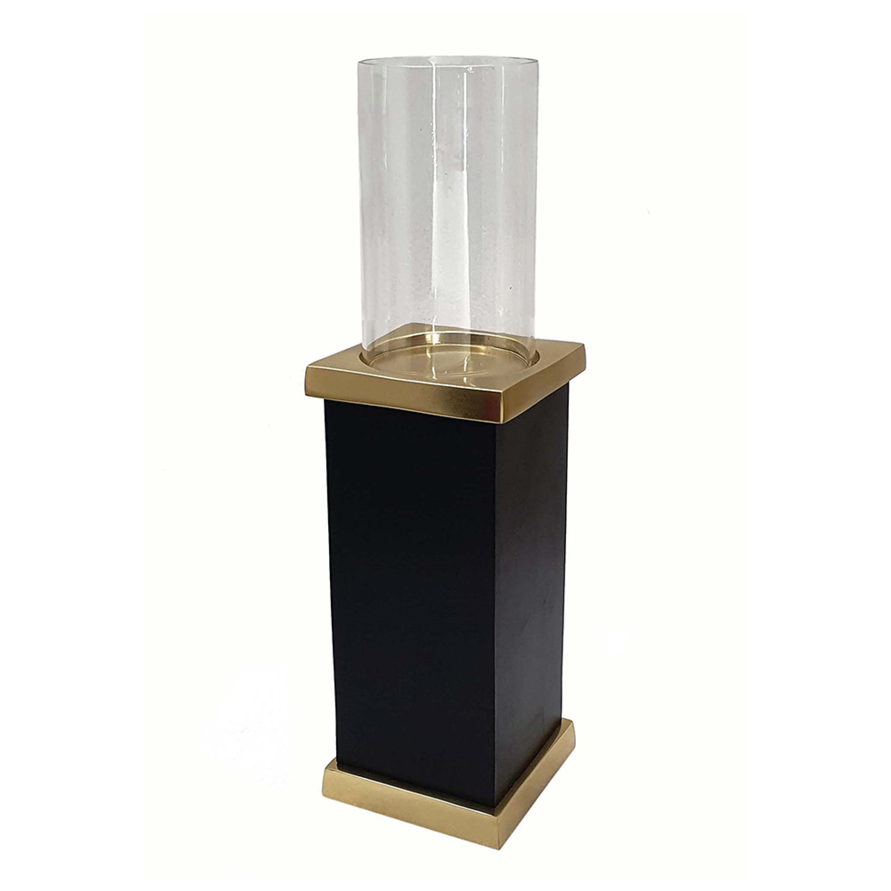 Oshy Hurricane Candle Holder, Gold Aluminum, Black Solid Mango Wood 16 Inch
