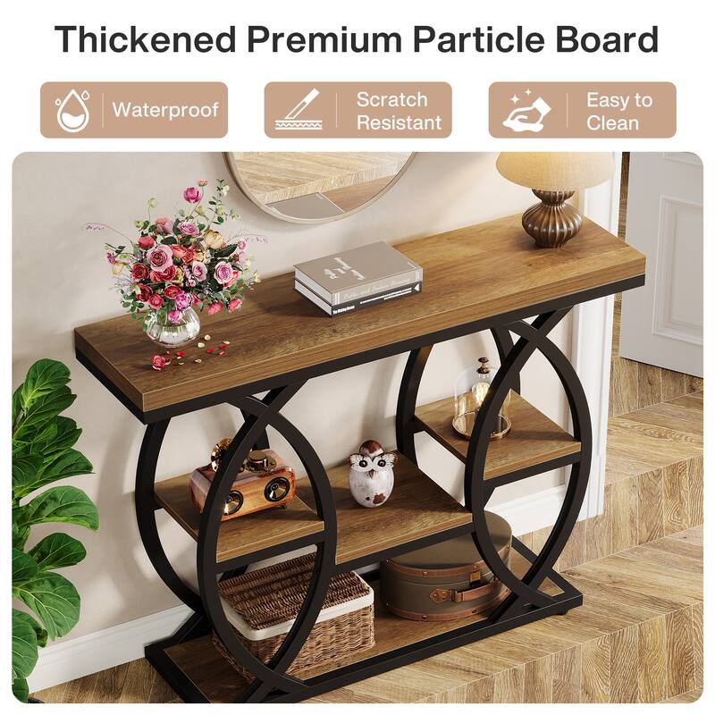 Industrial Console Table, 4-Tier Sofa Table with Geometric Metal Frame