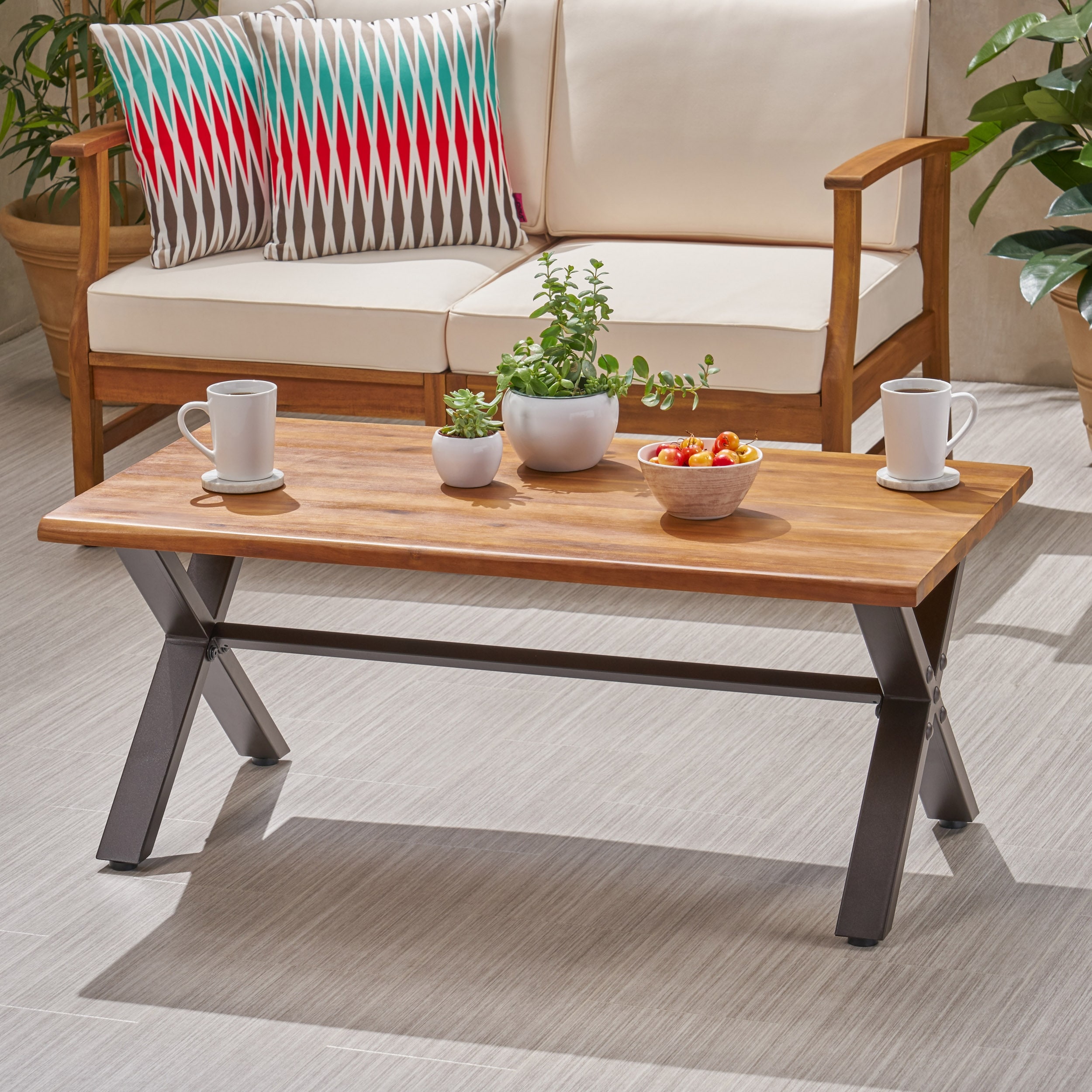 Roomfitters Outdoor Coffee Table, Rectangular Acacia Wood Top with X-Shaped Metal Legs, Natural+Black