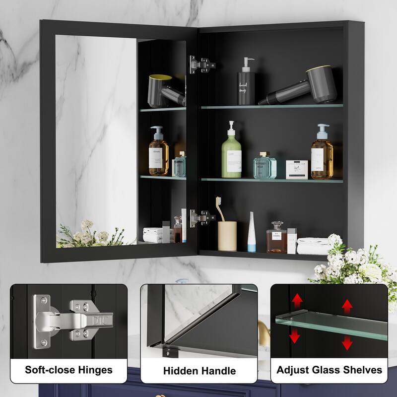 Belle Medicine Cabinet with Mirror, Adjustable Shelves, Recessed or Wall Mount