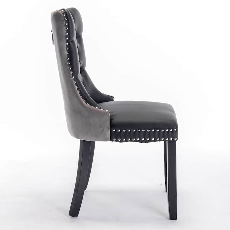 High-end Tufted Solid Wood PU and Velvet Upholstered Dining Chair with Wood Legs Nailhead Trim 2-Pcs Set