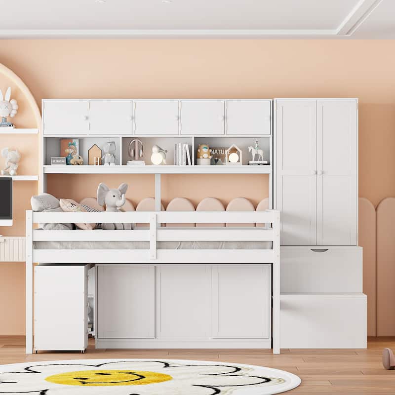 Wooden Loft Bed with Hidden-desk, Wardrobe, Drawers and Shelves