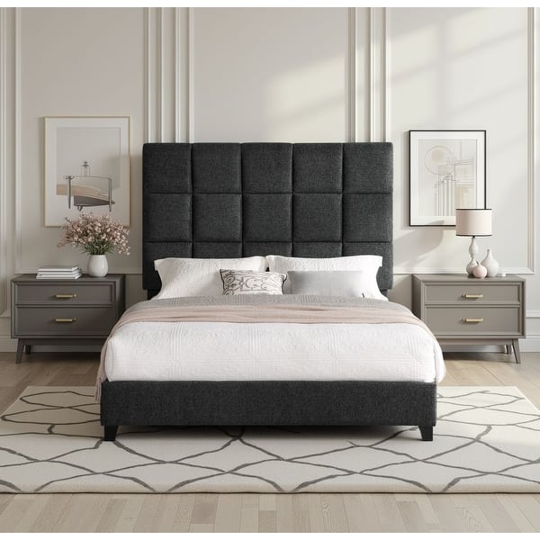 slide 2 of 16, Bridgevine Home Tall Granite Dark Grey Square Headboard Upholstered Platform Bed Queen