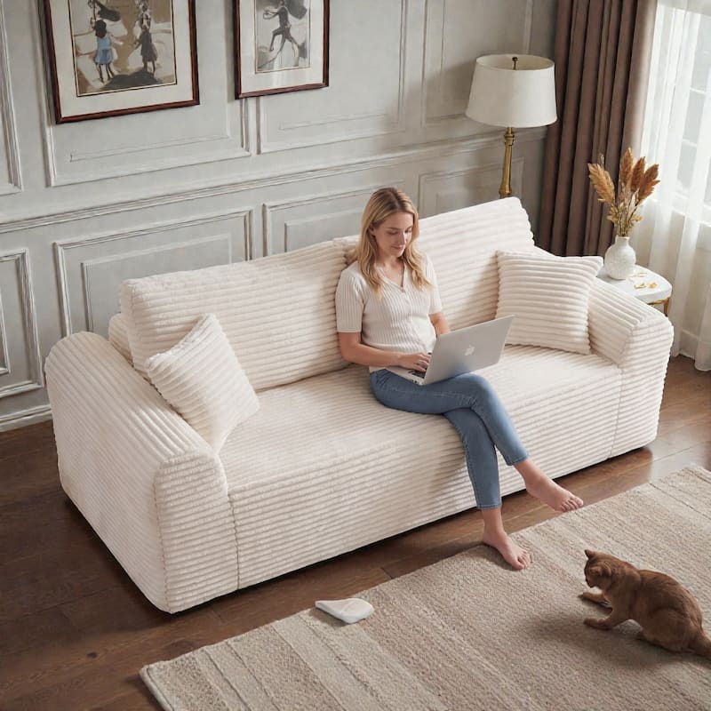 3 Seater Cloud Couch, Corduroy Boneless Sofa in a Box, Deep Seat Floor Sofa with Pillows for Living Room