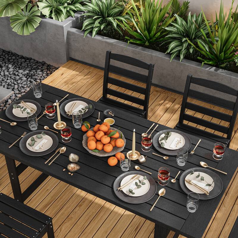 Outdoor Dining Table and Chair Set: HDPE Material, Wood - Grain Design