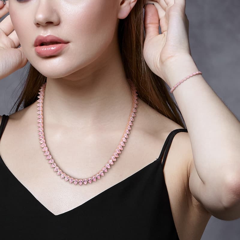 Miadora 58ct TGW Created Pink Sapphire Tennis Necklace Bracelet 2-Piece Set Rose Silver