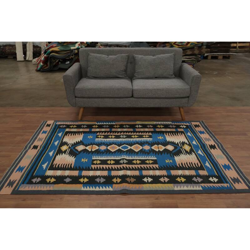 Hand Woven Oriental 100% Wool Carpet Southwestern Tribal Navy Blue & Blues Kilim Area Rug - 6' 9'' X 4' 6''