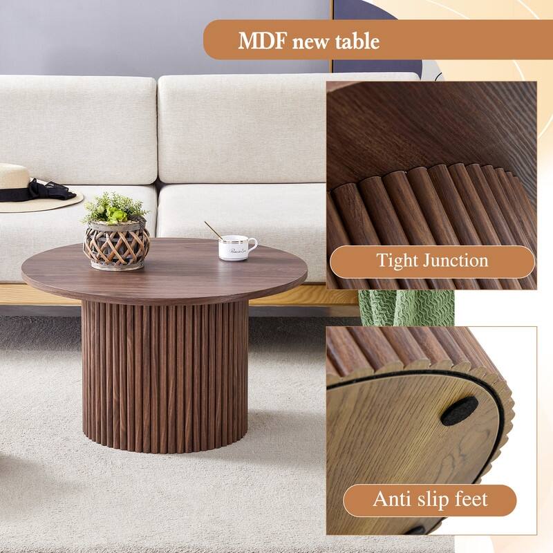 27.5 Inch Modern Circular Coffee Table with Walnut Finish & Hidden Storage