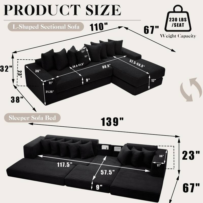 Corduroy L-shaped Chaise Sectional Sofa Convertible Sleeper Sofa Bed