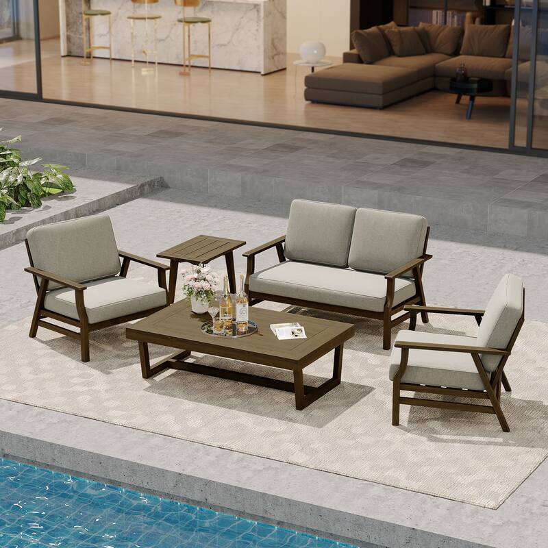 Modern Wood Cushioned Outdoor Patio Sofa Loveseat with Coffee Table - Loveseat Set - Light Camel
