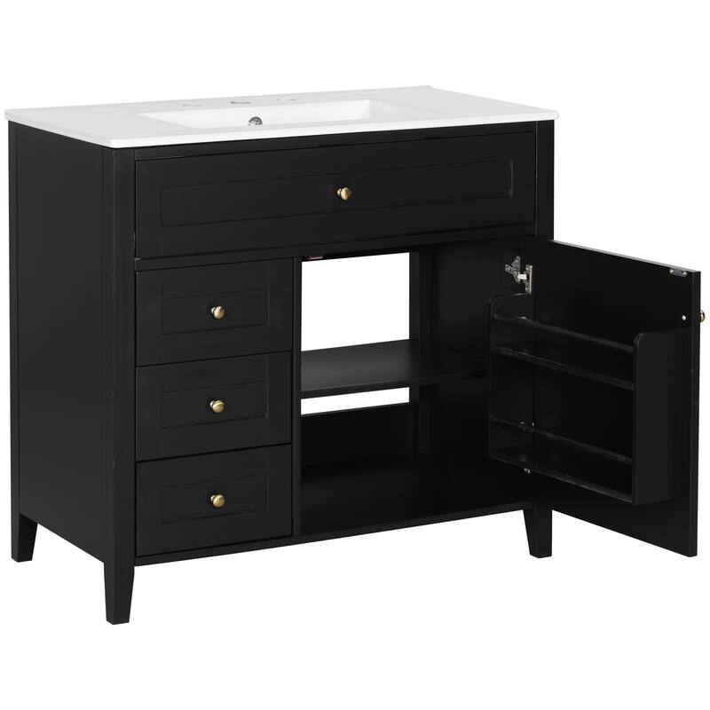 Roomfitters 36" Bathroom Vanity with Sink, Solid Wood Legs, 4 Drawers & Cabinet with Adjustable Shelf