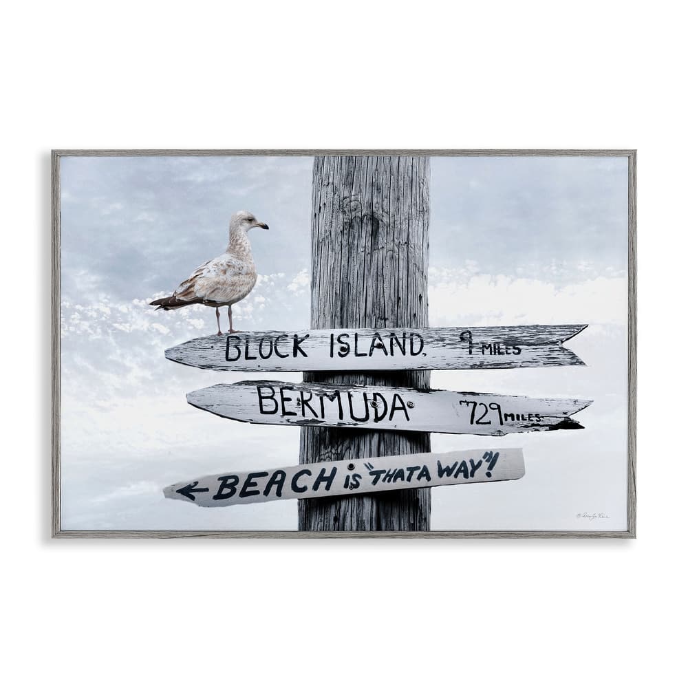 Stupell Vacation Beach Signs with Seagull Framed Giclee Art Design By Robin-Lee Viera