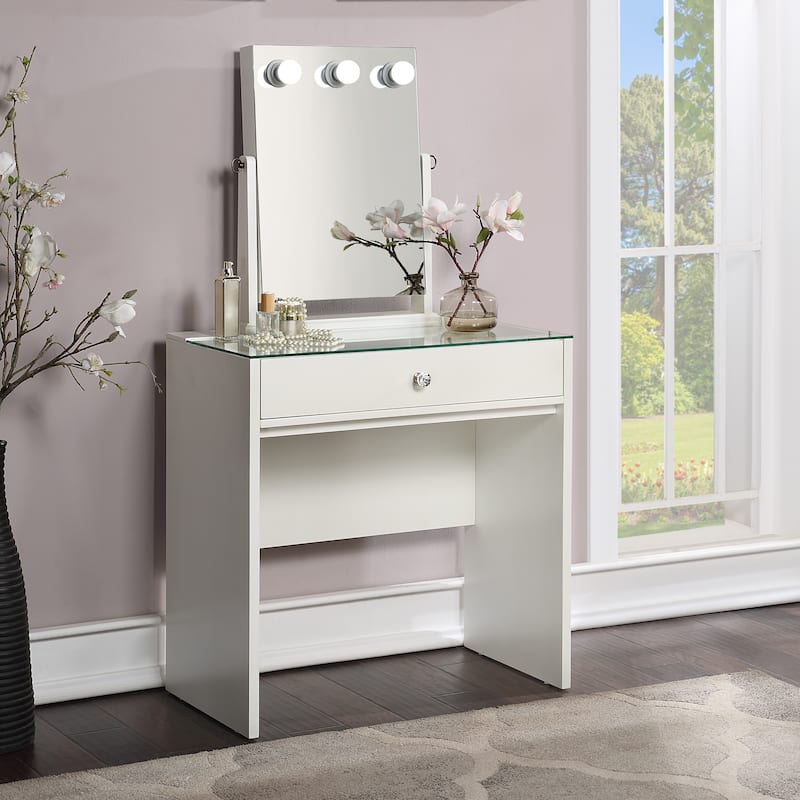 Furniture of America Ubbi Contemporary White Solid Wood Makeup Vanity and Mirror with Bulb Lights - Luminous White