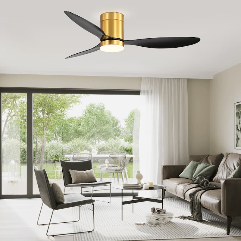 52-in LED Black and Gold Indoor Flush Mount Ceiling Fan with Light Remote (3-Blade)