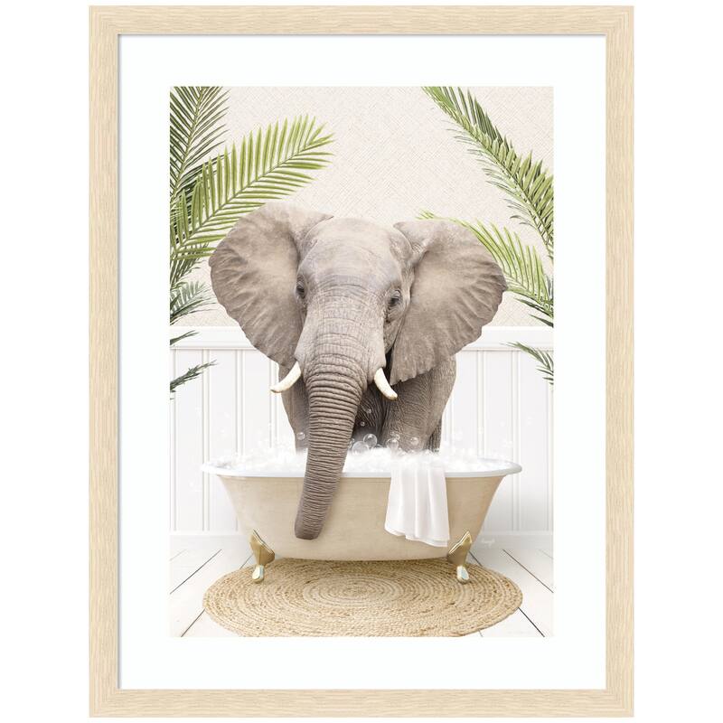 Kate and Laurel Elephant Front Palm Bathtub by Amy Peterson Framed Wall Art Print - 20 x 26 - Natural