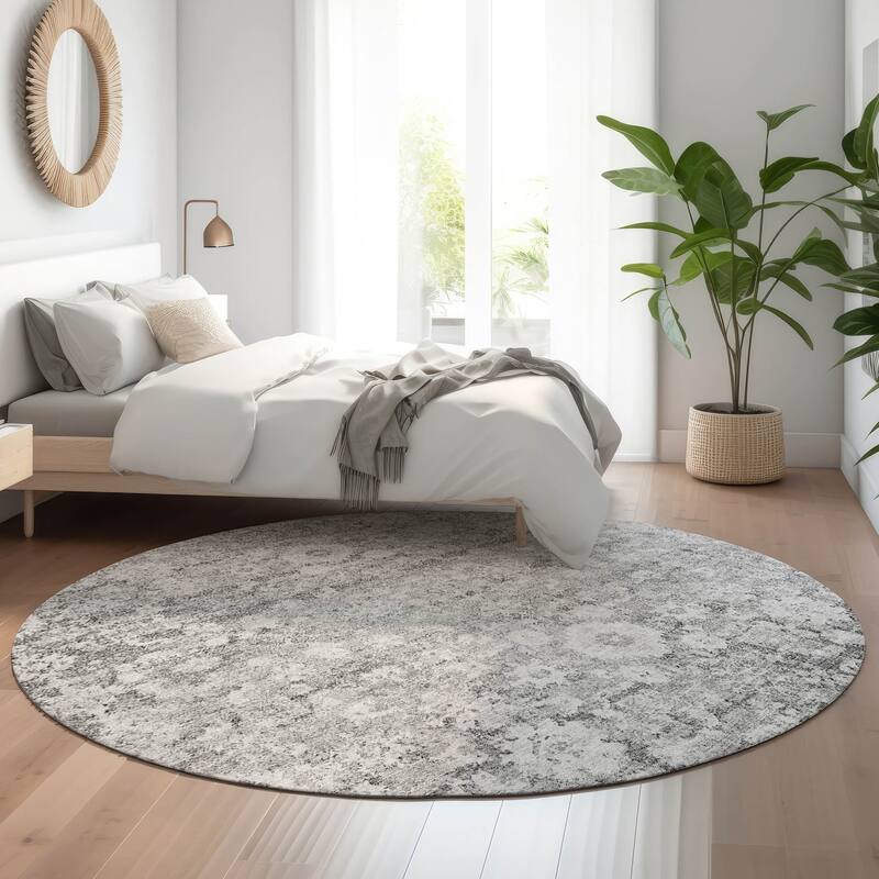 Premium Washable Super Soft Vintage Traditional Mayfield Rug - Silver - 8' x 8' - Round
