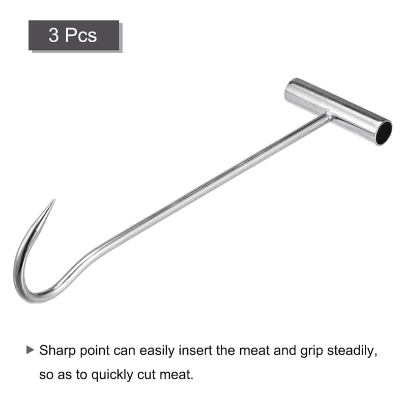 12"(300mm) T-Handle Meat Boning Hook, Galvanized Curved T Hooks for Butcher 3Pcs - Silver Tone