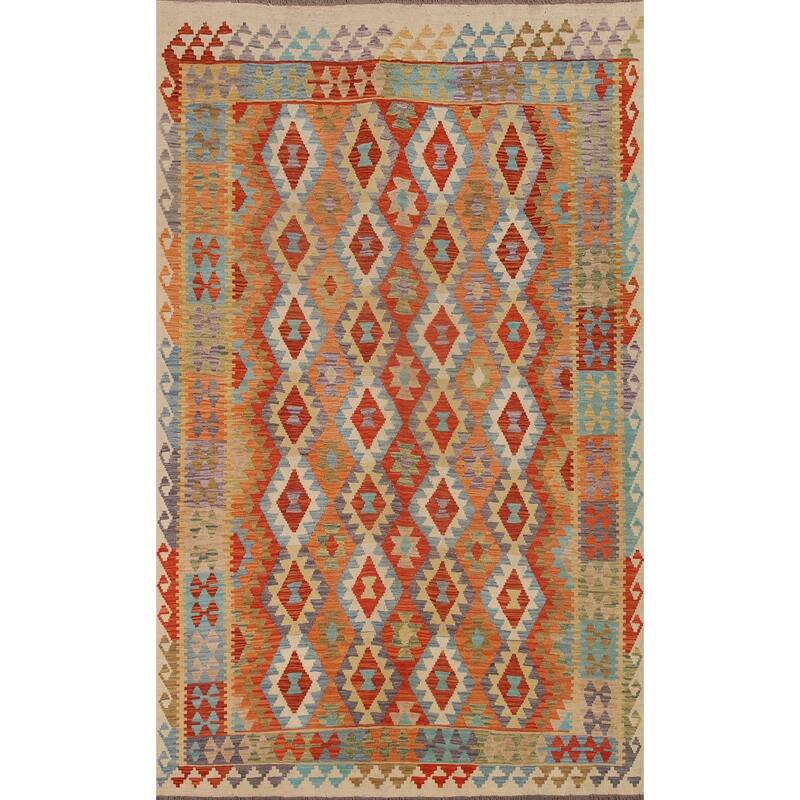Hand Woven Oriental 100% Wool Carpet Southwestern All-Over Oranges & Rust Kilim Area Rug - 9' 5'' X 6' 7''