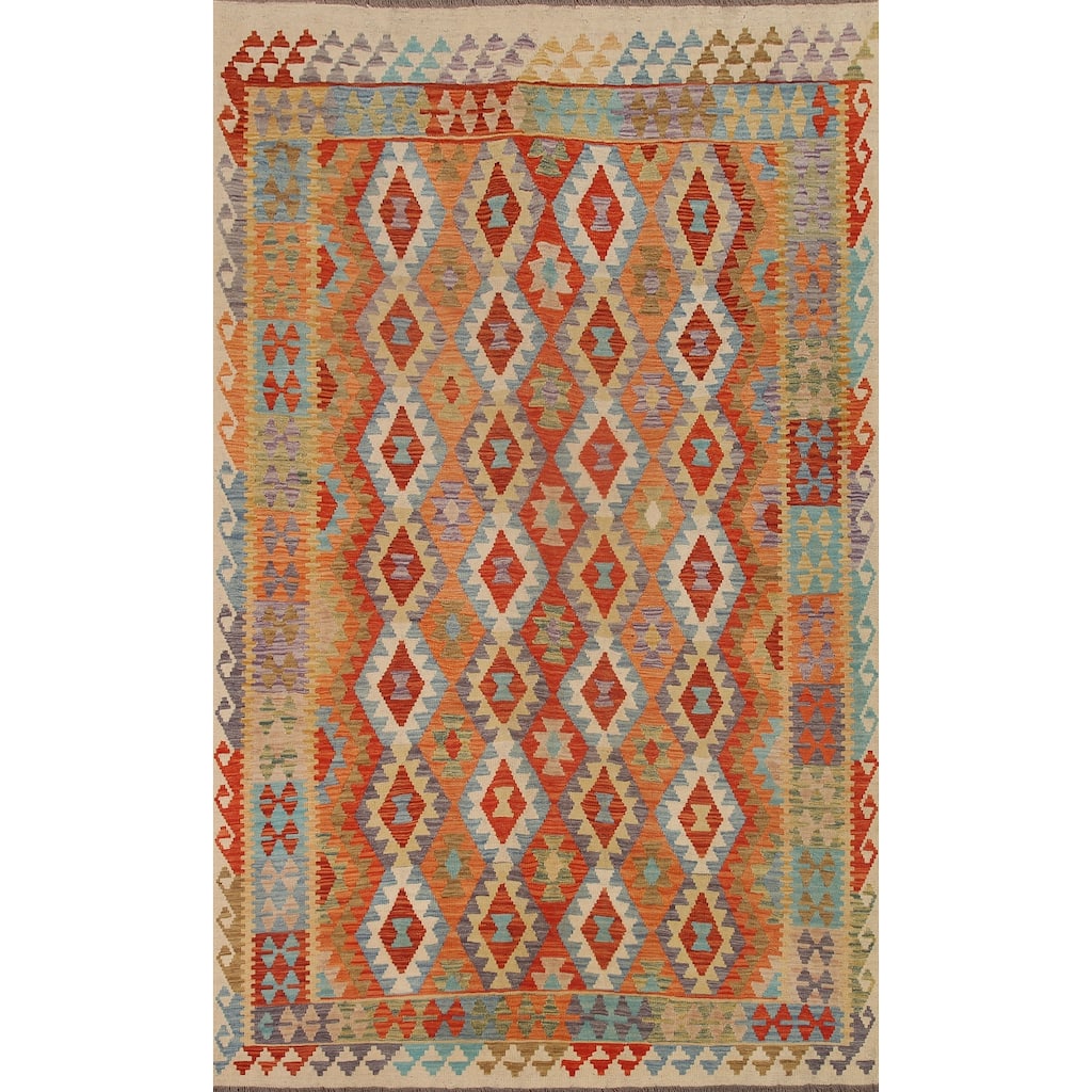 Hand Woven Oriental 100% Wool Carpet Southwestern All-Over Oranges & Rust Kilim Area Rug - 9' 5'' X 6' 7''