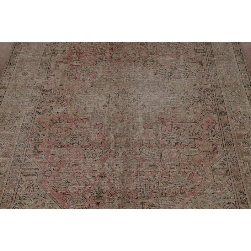 Pink Geometric Tabriz Persian Vintage Rug Hand-Knotted Wool Carpet - 6'8" x 9'2"