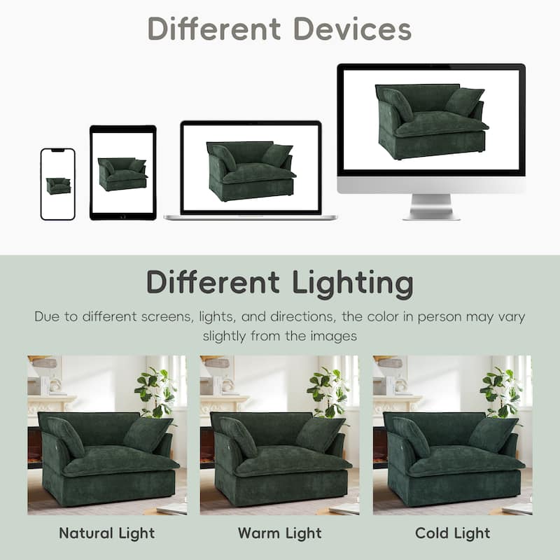 Chenille Armchair, Accent Chair with Dual-Port Charging and Throw Pillows, Modern Deep Wide Seat Design Cloud-Like Single Sofa