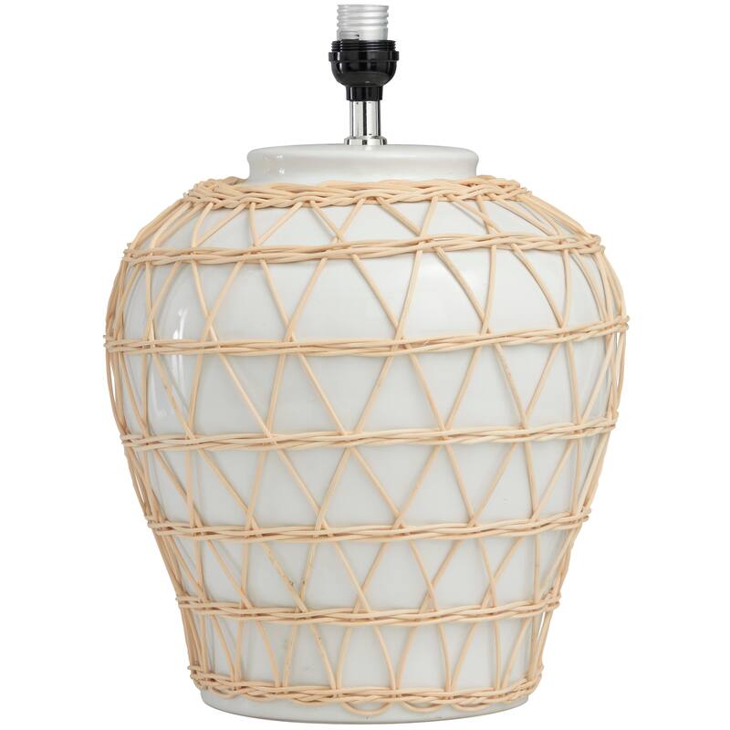 White Ceramic Woven Rattan Geometric Room Table Lamp with Linen Shade