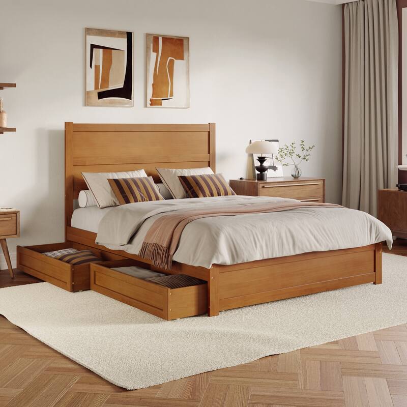 Aveline Wood Platform Bed with Matching Footboard & Storage Drawers - Queen - Light Toffee
