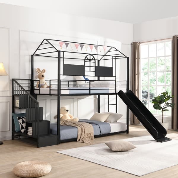 slide 2 of 7, Metal Bunk Bed with Slide for Kids, Twin Over Twin Bunk Beds with Storage Stairs, Floor Bunk Bed Frame with Roof & Guardrails Black - Twin