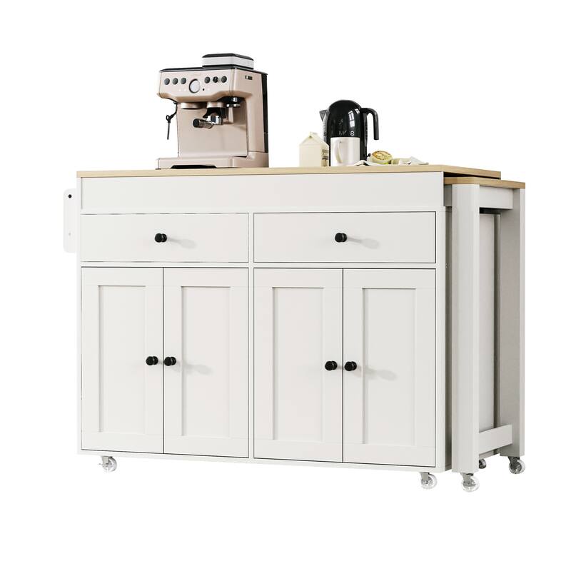 Kitchen Island with Extendable Dining Table, Rolling Island Cart on Locking Wheels, Breakfast Bar with 2 Drawers & 4 Door