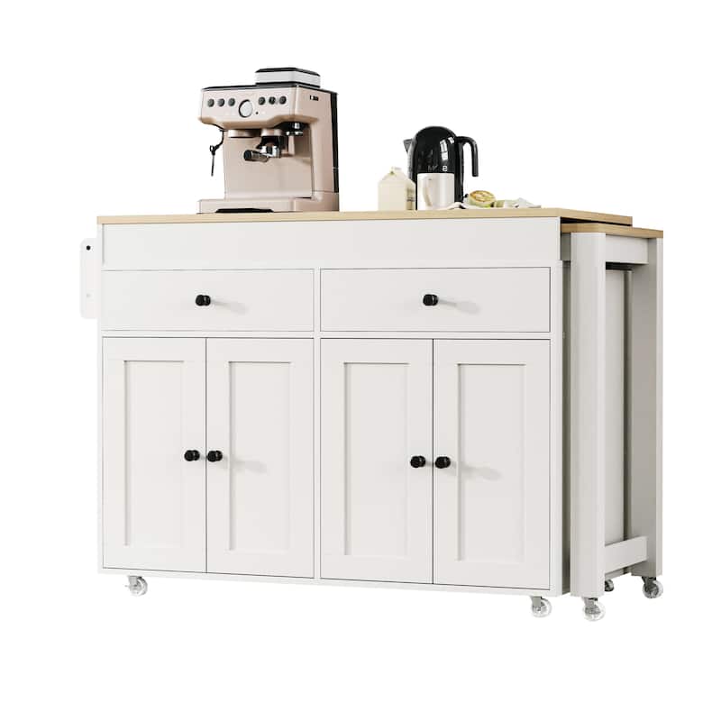 Modern Kitchen Island Rolling Kitchen Island with Extendable Dining Table 2 Drawers 2 Cabinets and Spice Rack, for Kitchen