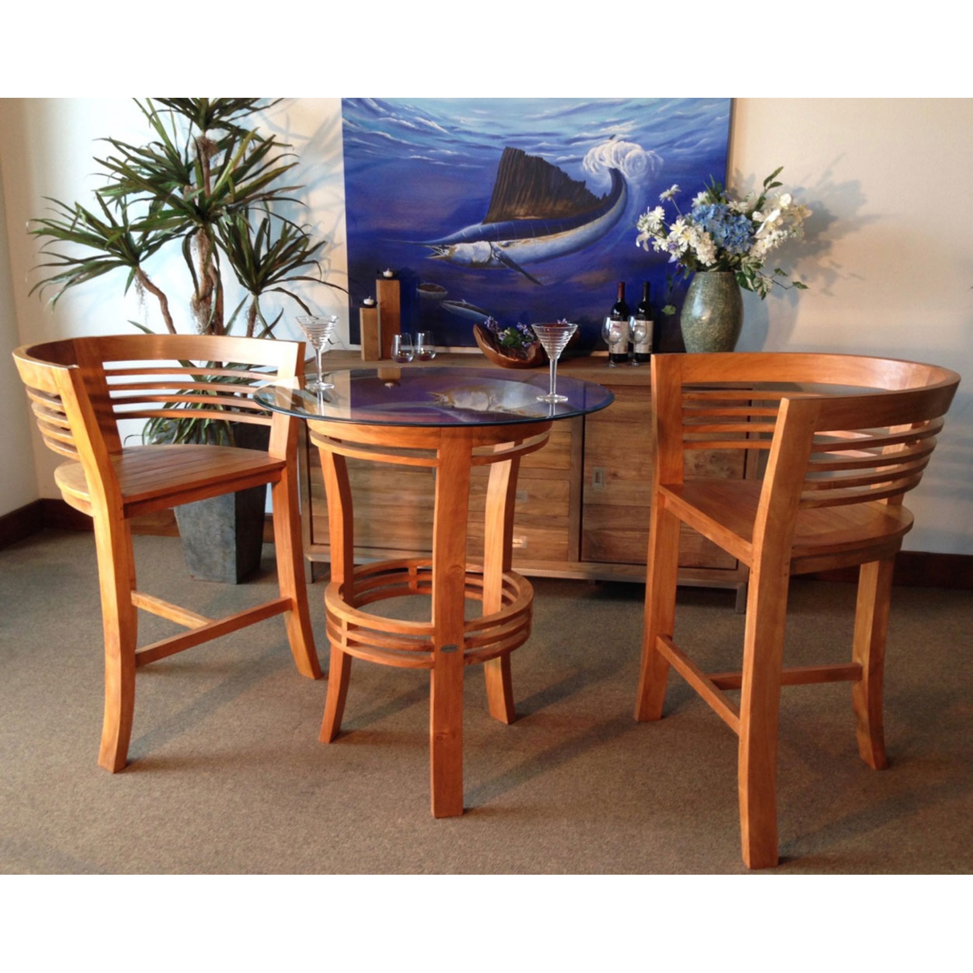 Chic Teak 3 Piece Teak Wood Half Moon Bistro Bar Set with 36
