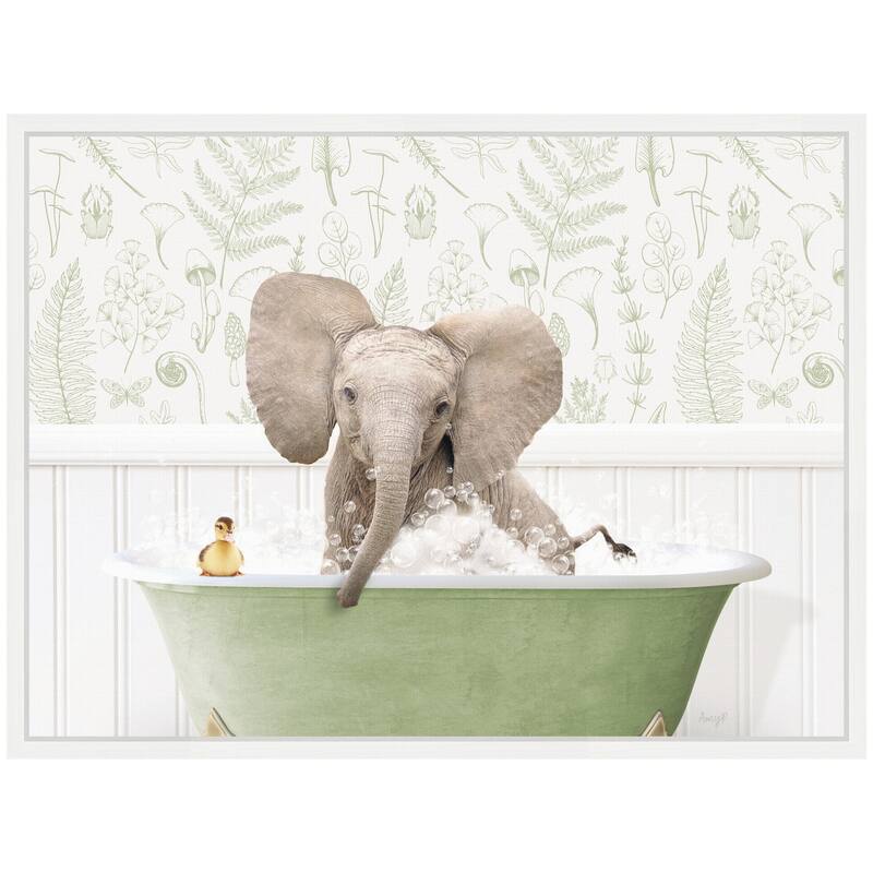 Kate and Laurel Sylvie Baby Elephant No3 in Fern Bath Framed Canvas by Amy Peterson