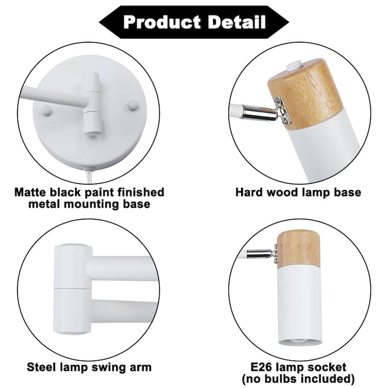 Industrial Adjustable Swing Arm Wall Lamp Wall Sconce with Plug in Cord, Modern White/Black Finish with Wood Head