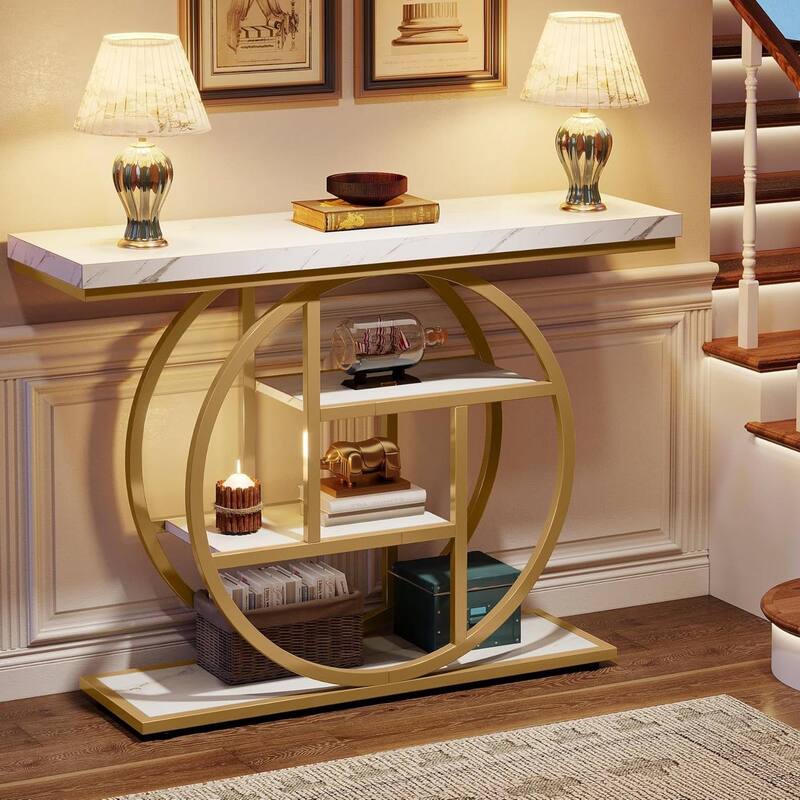 White Gold Engineered Wood Console Table with Metal Frame and Two-Tier Shelves - 11.81"W x 41.34"L x 31.5"H