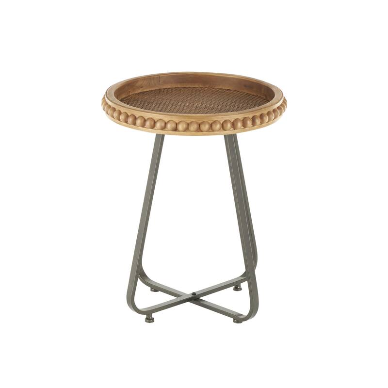 Wood Beaded Accent Table with Rounded Gray Metal Base and Rattan Accent - Brown - Roche River Decor