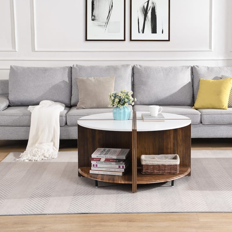 Industrial Round Coffee Table Double Layer Coffee Table with Storage Space, for Living Room Garden, White