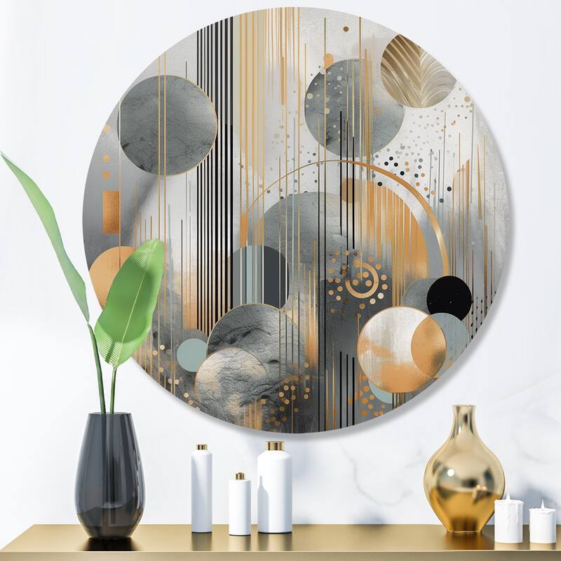 Designart "Abstract Shapes And Lines II" Abstract Marble Metal Round Wall Art - 23x23 - Disc of 23 Inch