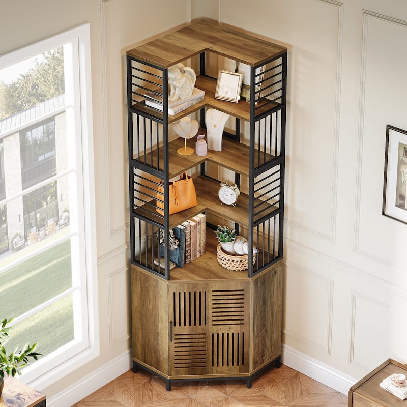 78 Inch Tall Corner Shelf with Cabinet, Industrial Bookshelf with Door