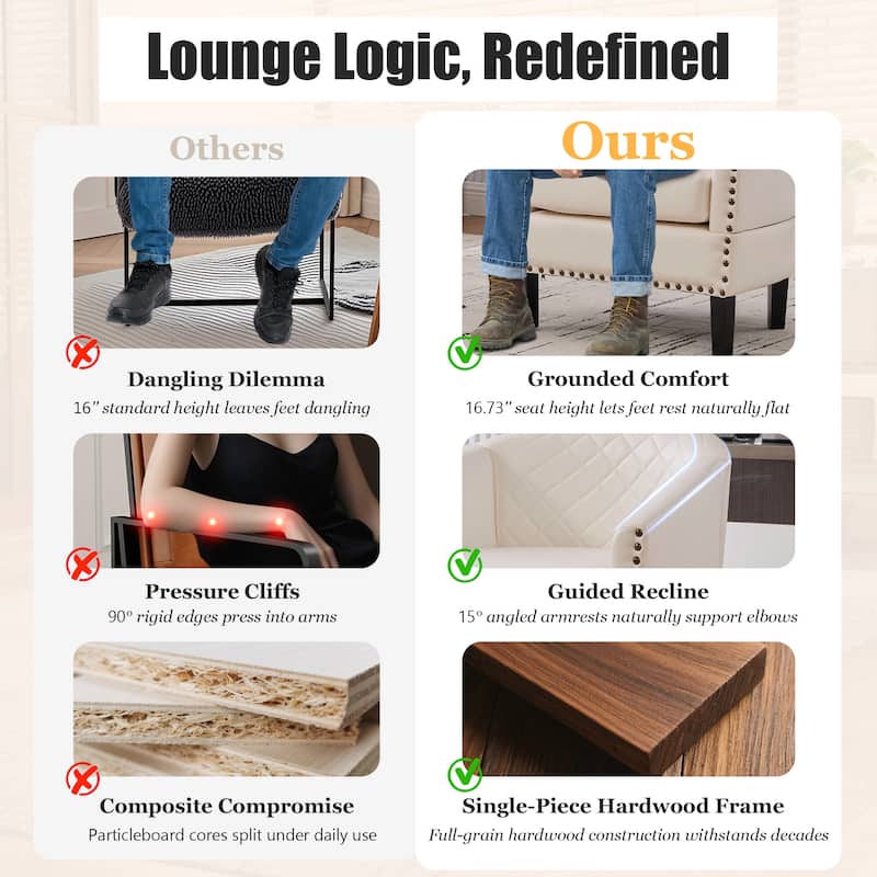 HOMEFUN Leather Upholstered Nailhead Wooden Frame Barrel Club Chair with Solid Woood Legs