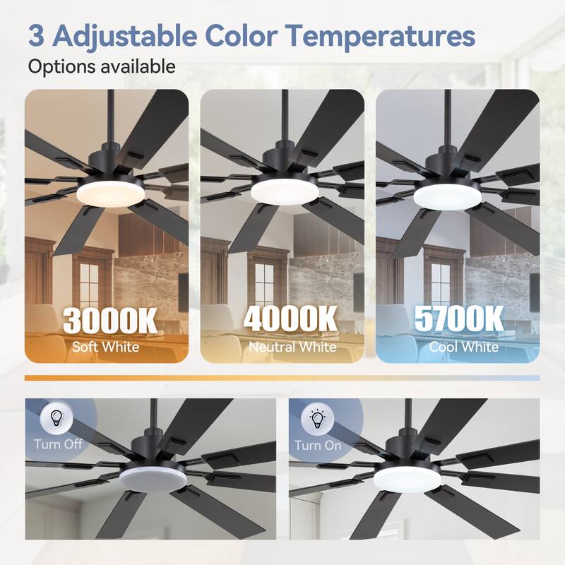 48"/52"/60"/72" Modern Black LED Ceiling Fan with Light Remote (5/6/8 Reversible Blades)