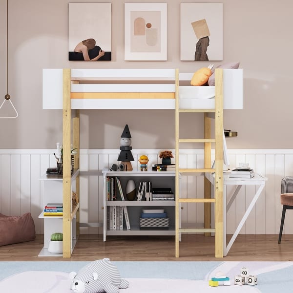 slide 2 of 9, Stylish Design Full Size Loft Bed With Built-in Storage Cabinet and Cubes, Wood Bed with Foldable Desk, White White+Natural