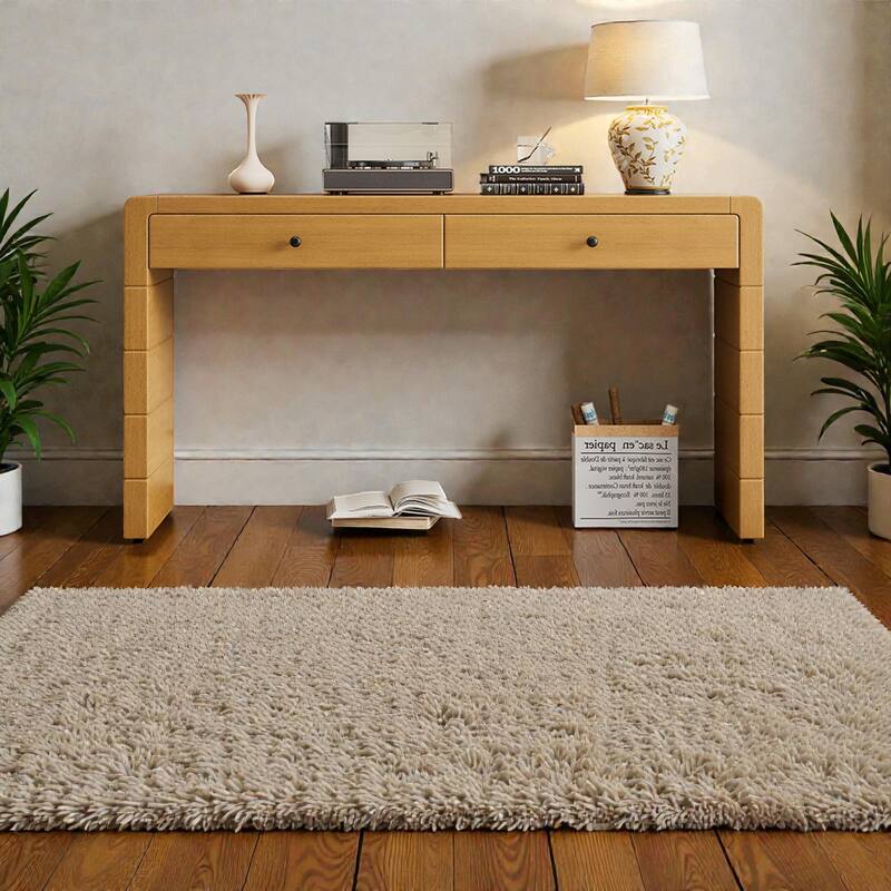 Curved Farmhouse Console Table with Storage, Wooden Entryway Table with 2 Drawers for Hallway