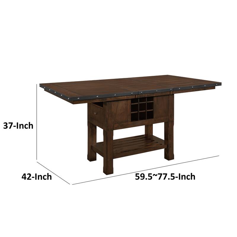 Lsy 60-78 Inch Counter Table, Extendable, Wine Rack and Drawers, Brown Wood